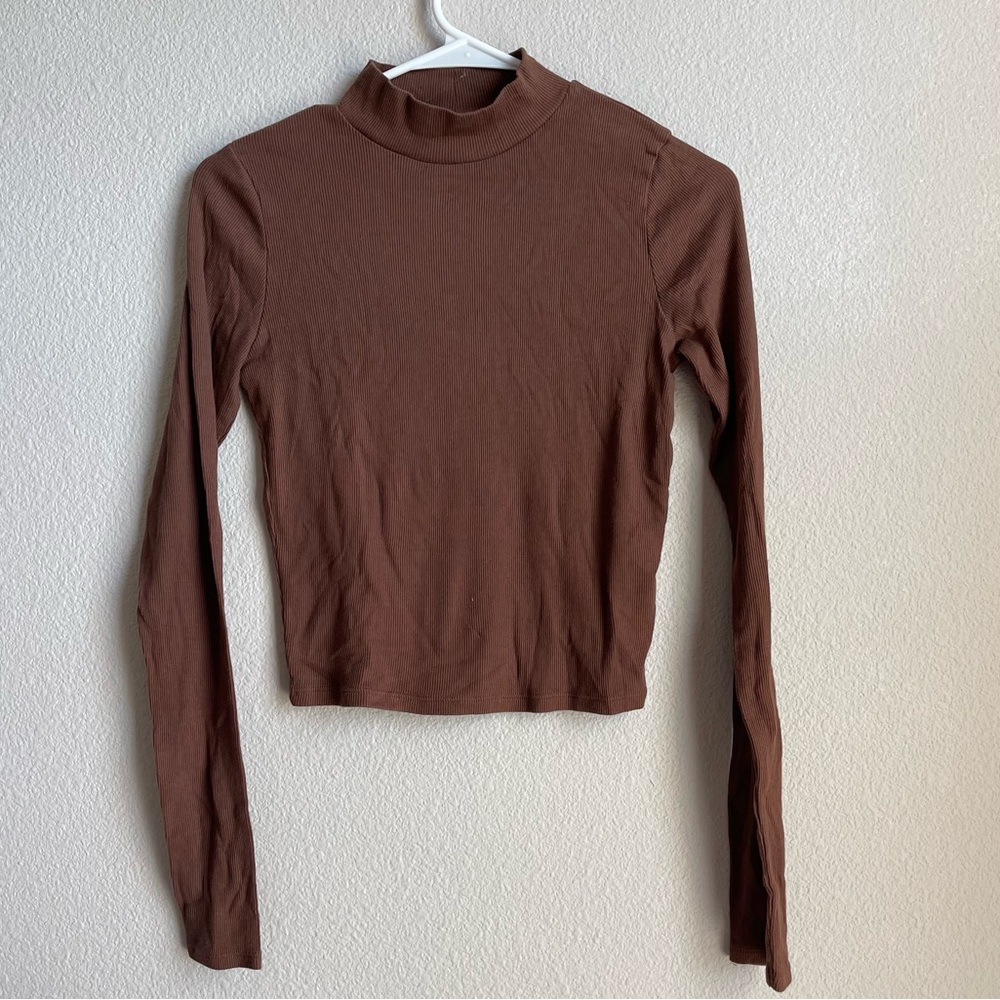 Hollister brown mock neck crop long sleeve tee